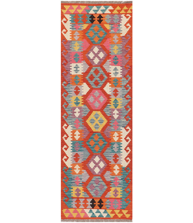 Handwoven Kilim Runner – Vibrant Tribal Geometric Pattern – 247x81 cm