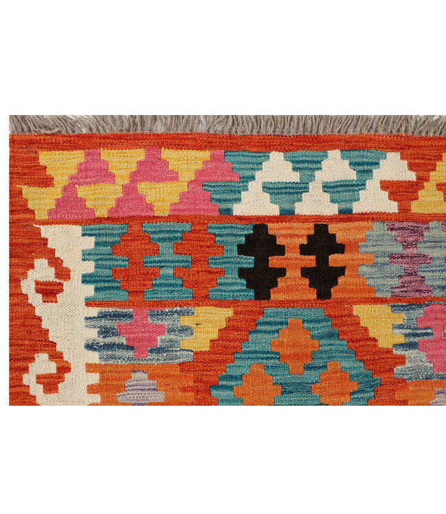 Handgeweven Kilim Loper – Kleurrijk Tribaal Geometrisch Patroon – 247x81 cm