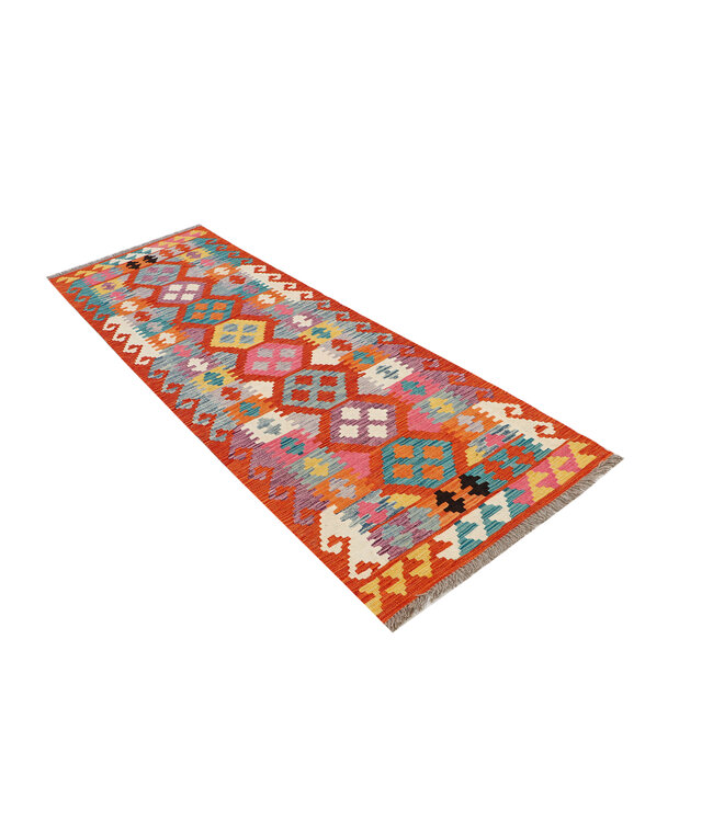 Handgeweven Kilim Loper – Kleurrijk Tribaal Geometrisch Patroon – 247x81 cm