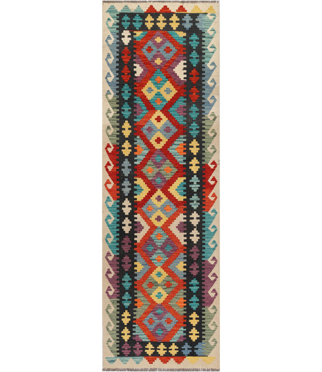 Handgeweven Kilim Loper – Krachtig Tribaal Diamantpatroon – 246x78 cm