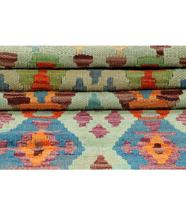 Handwoven Kilim Runner – Pastel Tribal Geometric Pattern – 234x80 cm