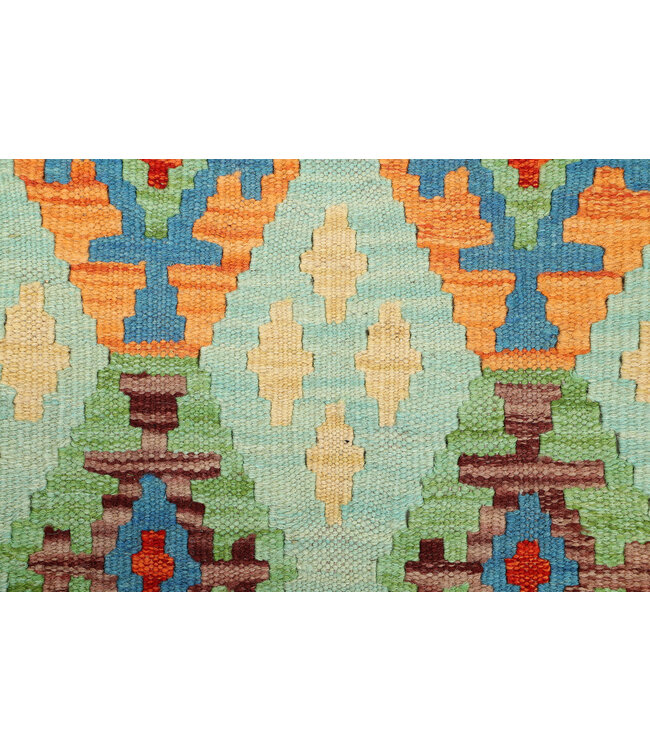 Handwoven Kilim Runner – Pastel Tribal Geometric Pattern – 234x80 cm