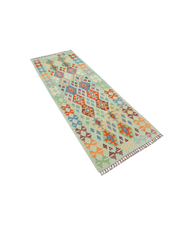 Handwoven Kilim Runner – Pastel Tribal Geometric Pattern – 234x80 cm
