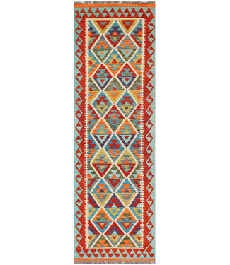 Handgewebter Kilim-Läufer – Rote Bordüre & Rautenmuster – 251x81 cm Handgewebter Kilim-Läufer – Rote Bordüre & Rautenmuster – 251x81 cm