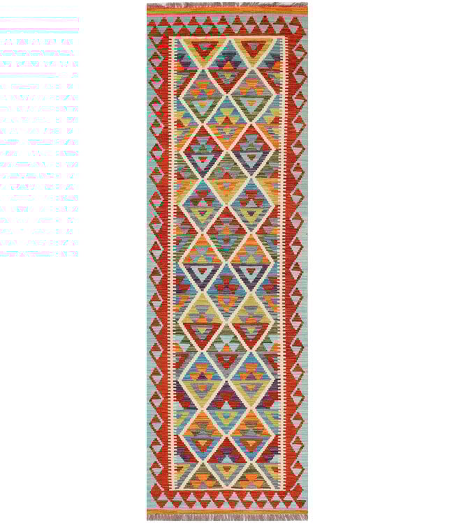 Handgeweven Kilim Loper – Rode Rand & Diamant Tribaal Patroon – 251x81 cm