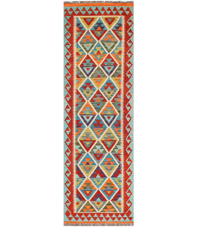Handwoven Kilim Runner – Red Border & Diamond Tribal Pattern – 251x81 cm