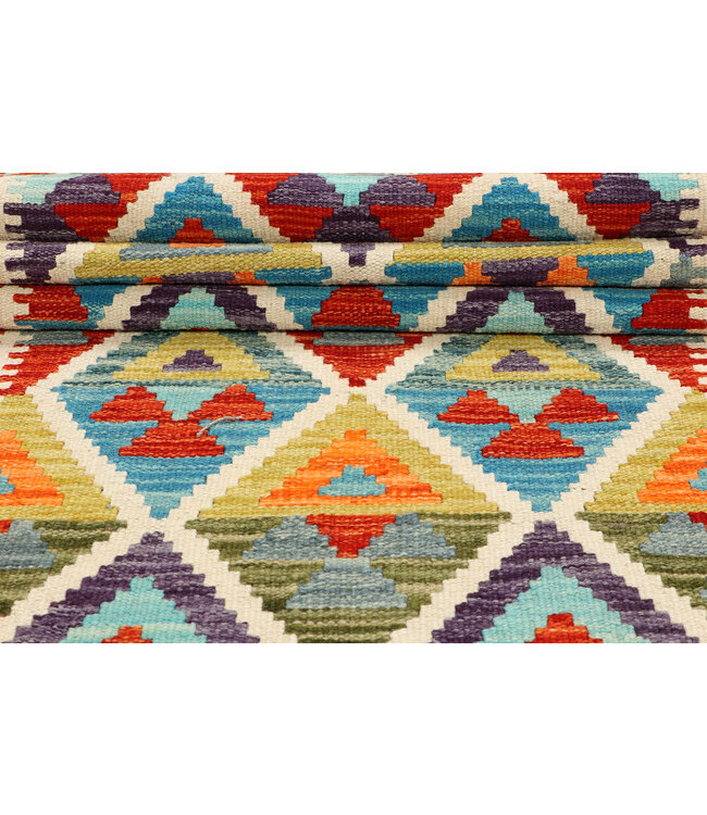 Handwoven Kilim Runner – Red Border & Diamond Tribal Pattern – 251x81 cm