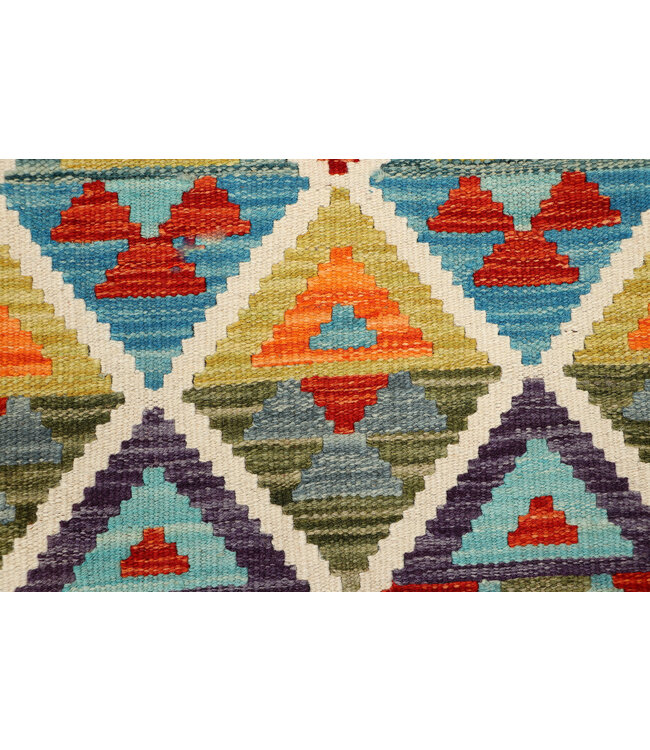 Handgewebter Kilim-Läufer – Rote Bordüre & Rautenmuster – 251x81 cm