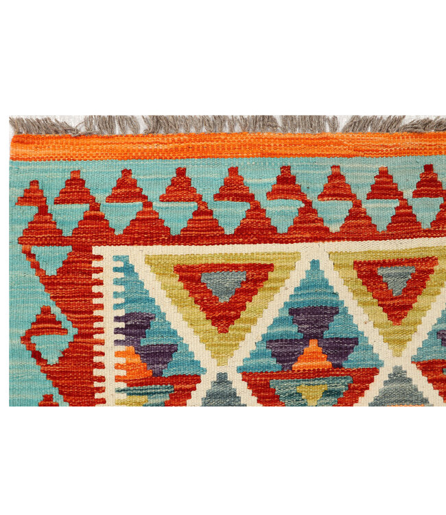 Handgeweven Kilim Loper – Rode Rand & Diamant Tribaal Patroon – 251x81 cm