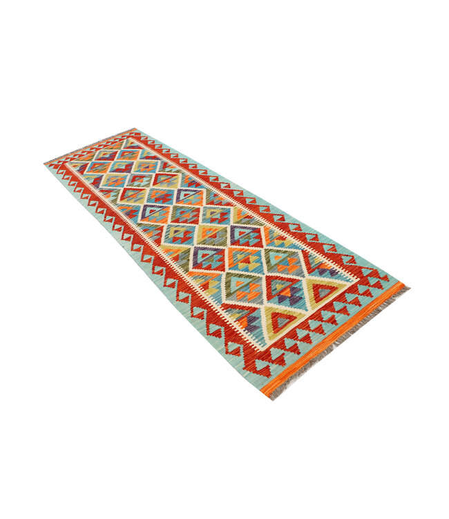 Handgeweven Kilim Loper – Rode Rand & Diamant Tribaal Patroon – 251x81 cm