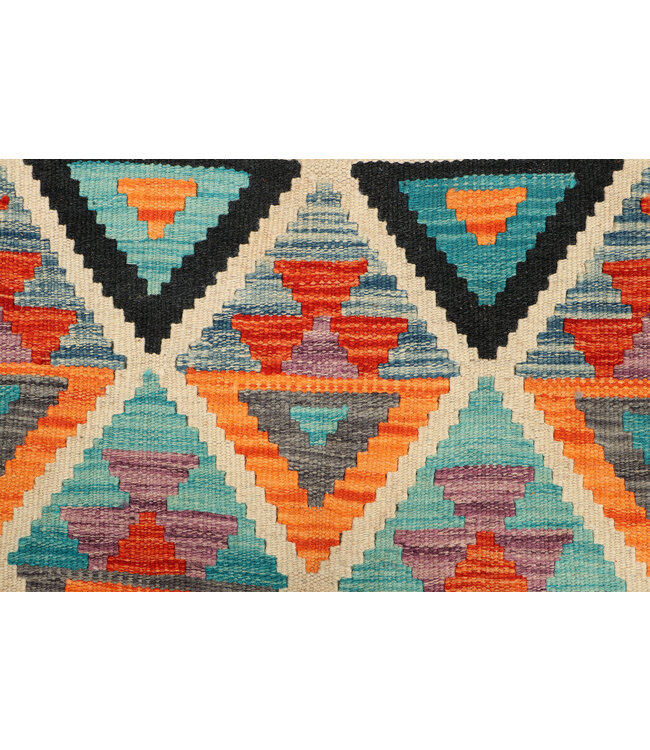Handgewebter Kilim-Läufer – Schwarze Akzente & Rautenmuster – 248x79 cm