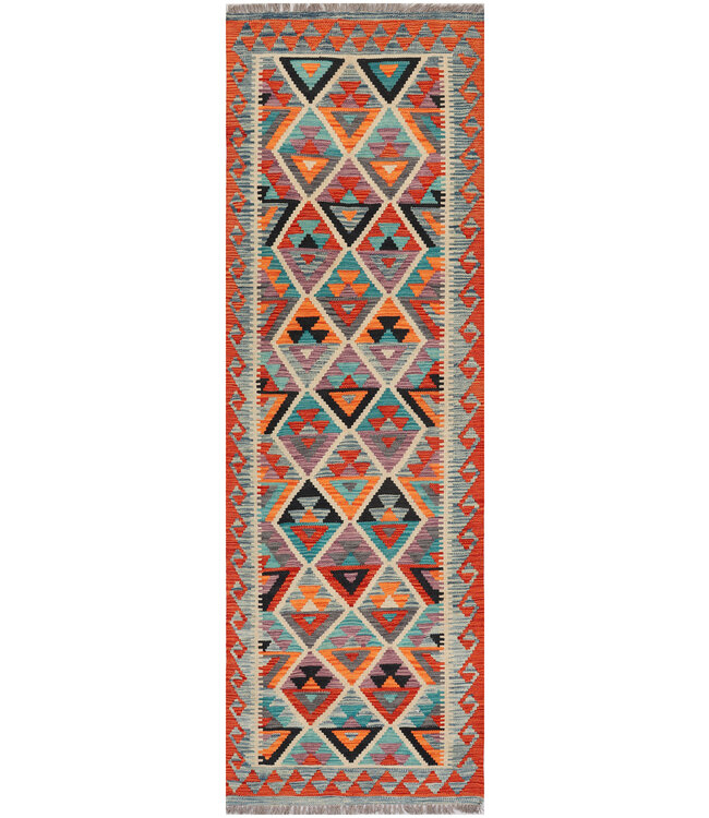Handwoven Kilim Runner – Black Accents & Tribal Diamond Pattern – 248x79 cm