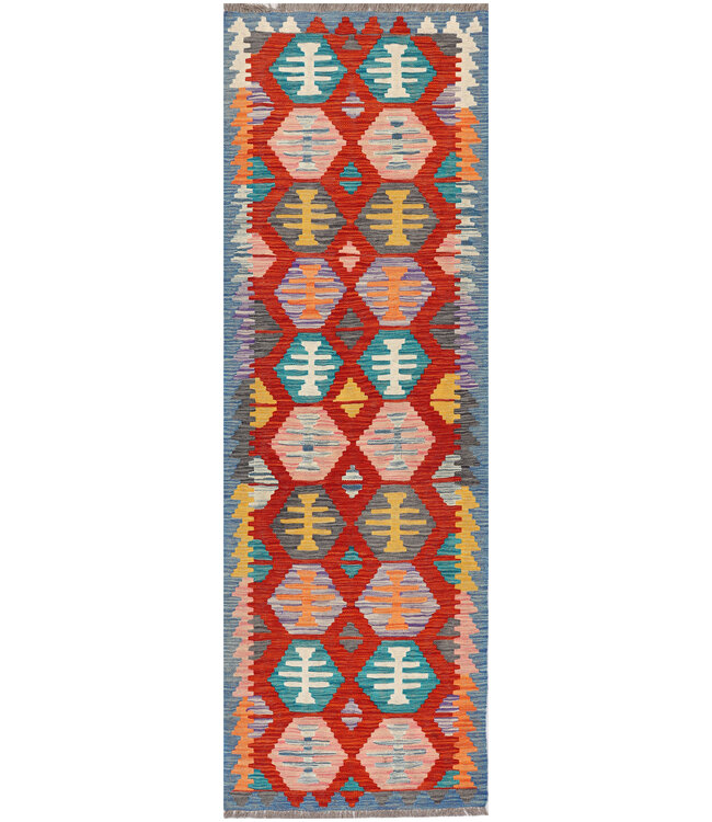 Handwoven Kilim Runner – Tribal Medallion Pattern in Warm Red – 234x76 cm
