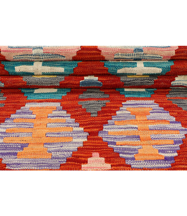 Handwoven Kilim Runner – Tribal Medallion Pattern in Warm Red – 234x76 cm