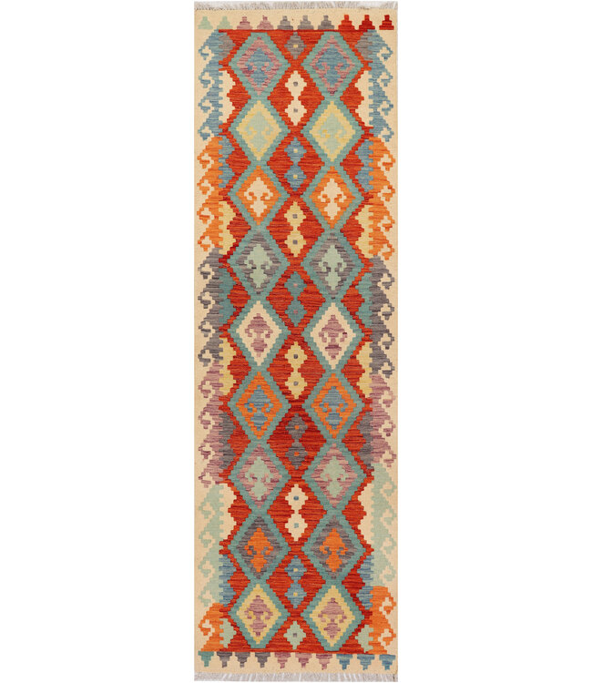 Handgewebter Kilim-Läufer – Tribal-Diamantmuster auf Creme – 252x83 cm