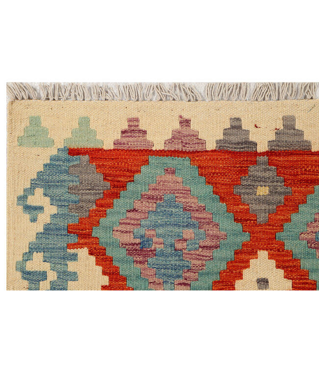 Handgewebter Kilim-Läufer – Tribal-Diamantmuster auf Creme – 252x83 cm