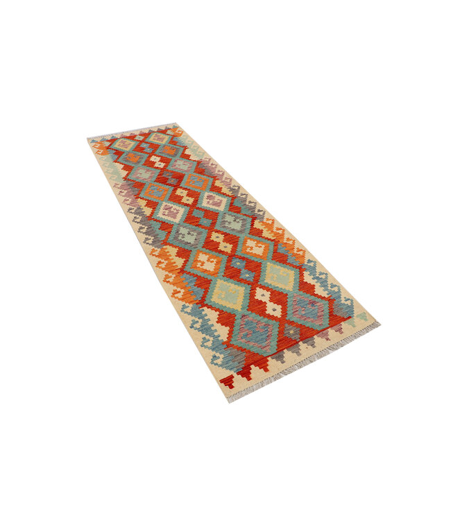 Handgewebter Kilim-Läufer – Tribal-Diamantmuster auf Creme – 252x83 cm