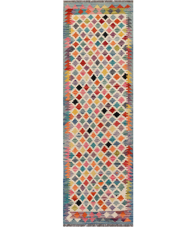 Kleurrijke Geometrische Kilim Loper – Handgeweven Wol – 248x77 cm