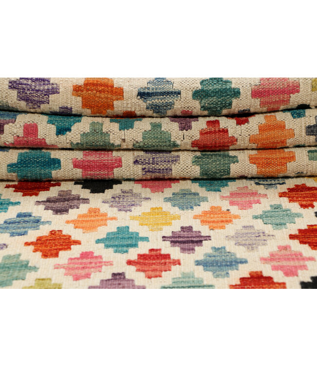 Kleurrijke Geometrische Kilim Loper – Handgeweven Wol – 248x77 cm