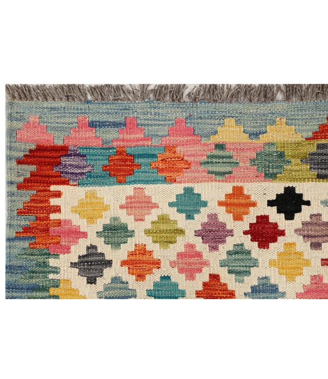 Bunter Geometrischer Kilim-Läufer – Handgewebte Wolle – 248x77 cm