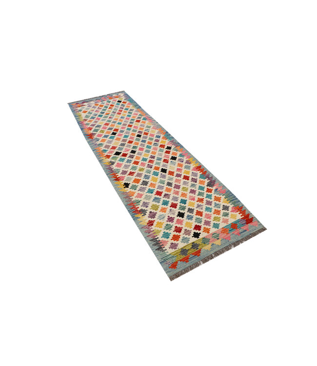 Bunter Geometrischer Kilim-Läufer – Handgewebte Wolle – 248x77 cm