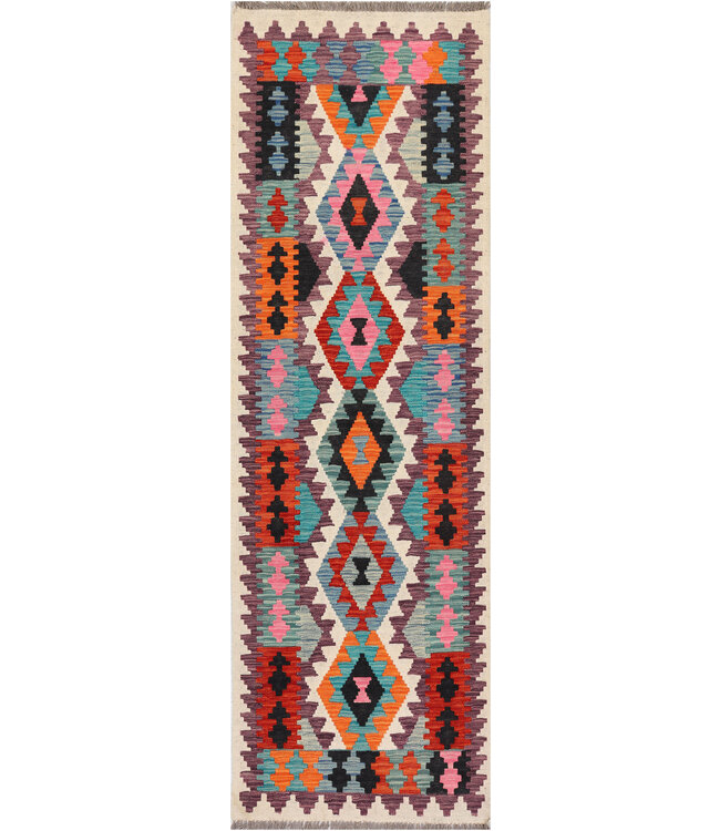 Tribal Diamant Kilim-Läufer – Handgewebter Wollteppich – 249x78 cm
