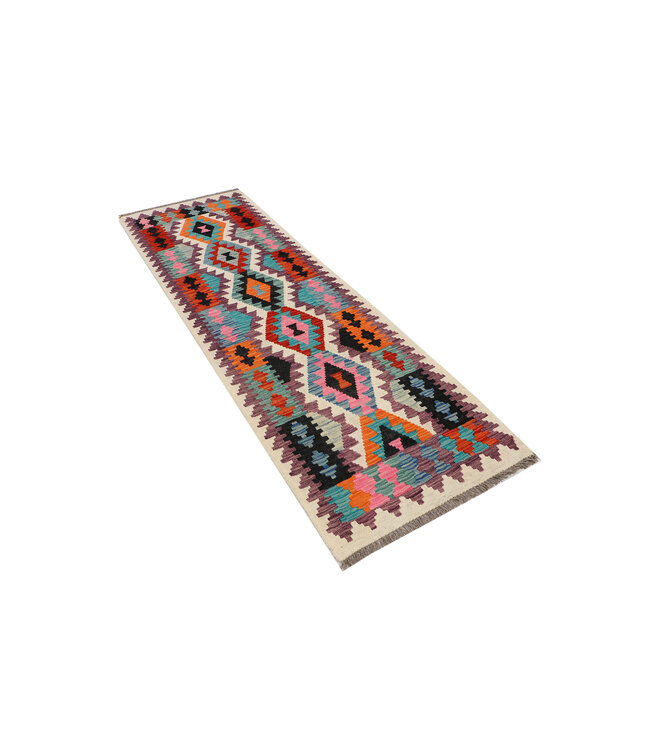 Tribale Diamant Kilim Loper – Handgeweven Wol – 249x78 cm