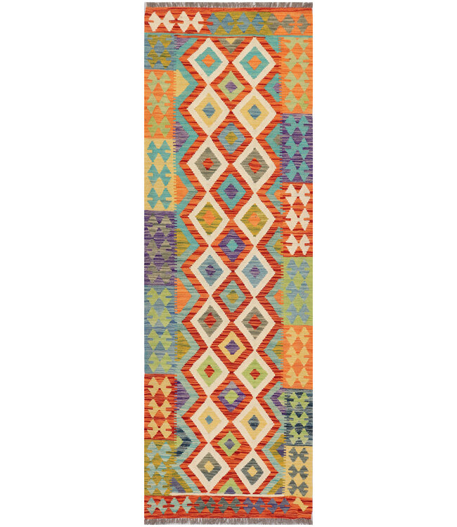 Colorful Diamond Kilim Runner – Handwoven Wool Rug – 264x85 cm
