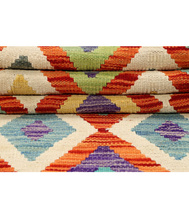 Colorful Diamond Kilim Runner – Handwoven Wool Rug – 264x85 cm