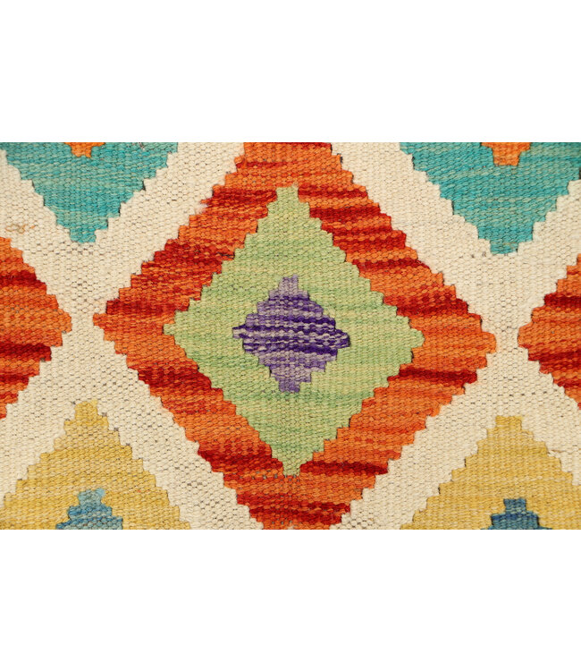Bunter Diamant Kilim-Läufer – Handgewebter Wollteppich – 264x85 cm