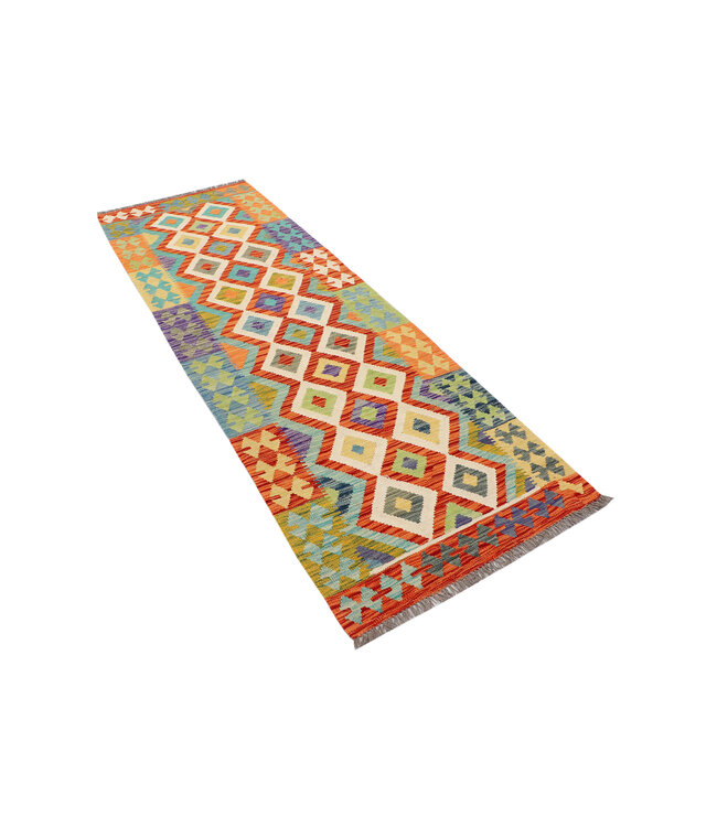 Kleurrijke Diamant Kilim Loper – Handgeweven Wol – 264x85 cm