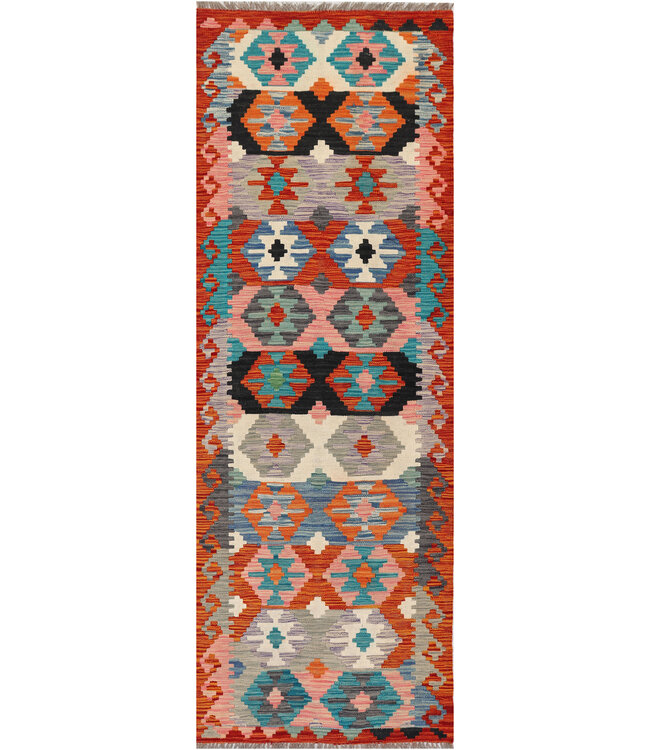 Geometric Tribal Kilim Runner – Handwoven Wool Rug – 241x83 cm