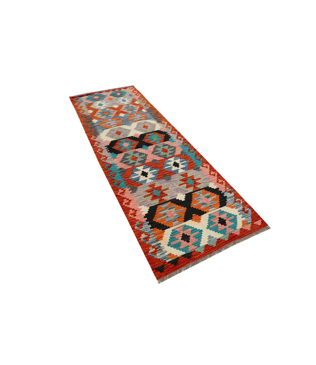 Geometric Tribal Kilim Runner – Handwoven Wool Rug – 241x83 cm