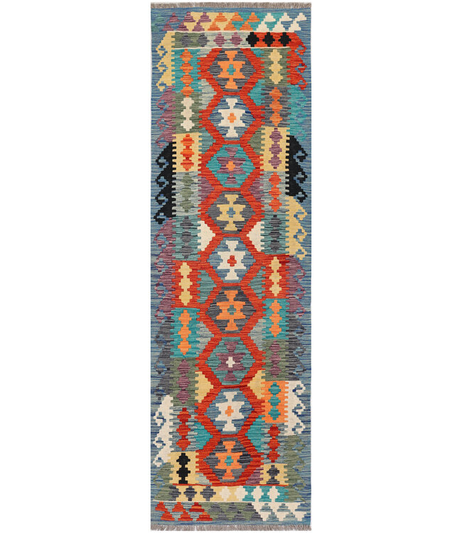 Bold Geometric Kilim Runner – Handwoven Wool Carpet – 257x78 cm