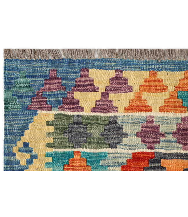 Bold Geometric Kilim Runner – Handwoven Wool Carpet – 257x78 cm