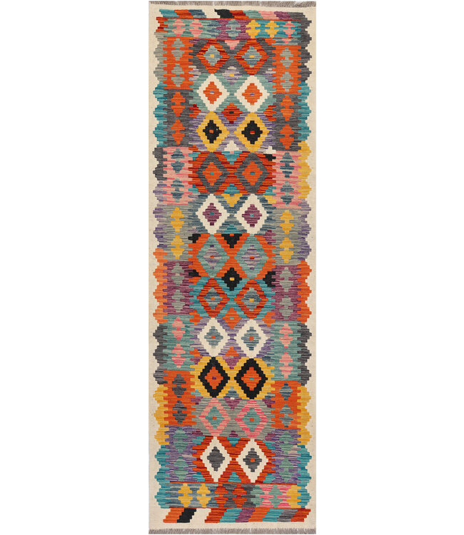 Handgeweven Wol Kilim Loper – Diamantpatroon – 248x78 cm