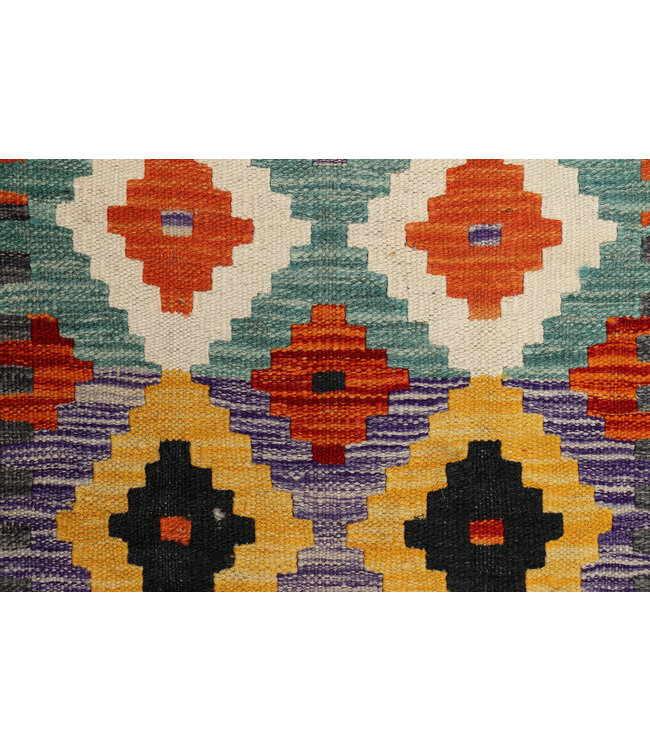 Handgeweven Wol Kilim Loper – Diamantpatroon – 248x78 cm