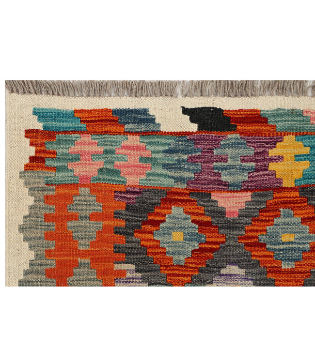 Bunter Kilim-Läufer mit Rautenmuster – Handgewebter Wollteppich – 248x78 cm