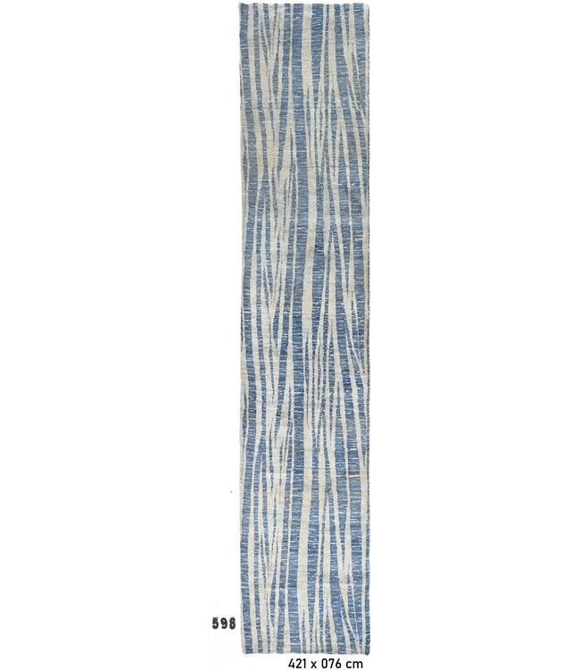 Blue-White Modern Runner Rug – 421 x 076 cm – Hand-Knotted Wool