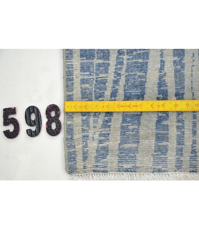 Blau-Weiß Moderner Läufer Teppich – 421 x 076 cm – Handgeknüpft aus Wolle