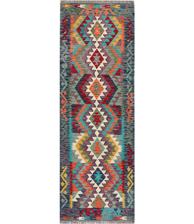Tribal Kilim Runner – Handwoven Wool Rug – Geometric Multicolor – 245x82 cm