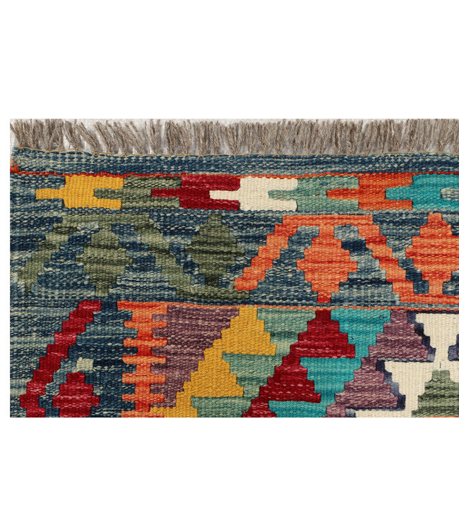 Tribal Kilim Runner – Handwoven Wool Rug – Geometric Multicolor – 245x82 cm
