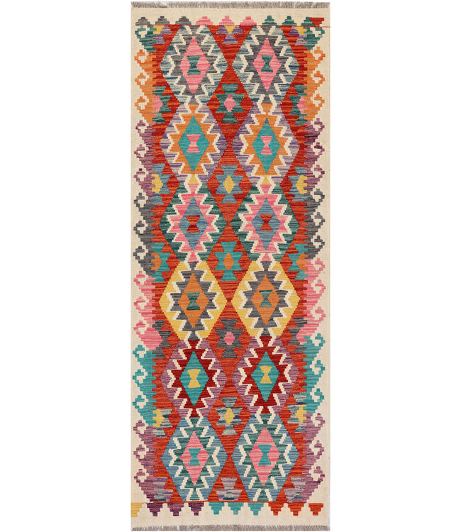 Boho Kilim-Läufer – Handgewebter Wollteppich – Farbenfrohes Tribal-Muster – 238x90 cm