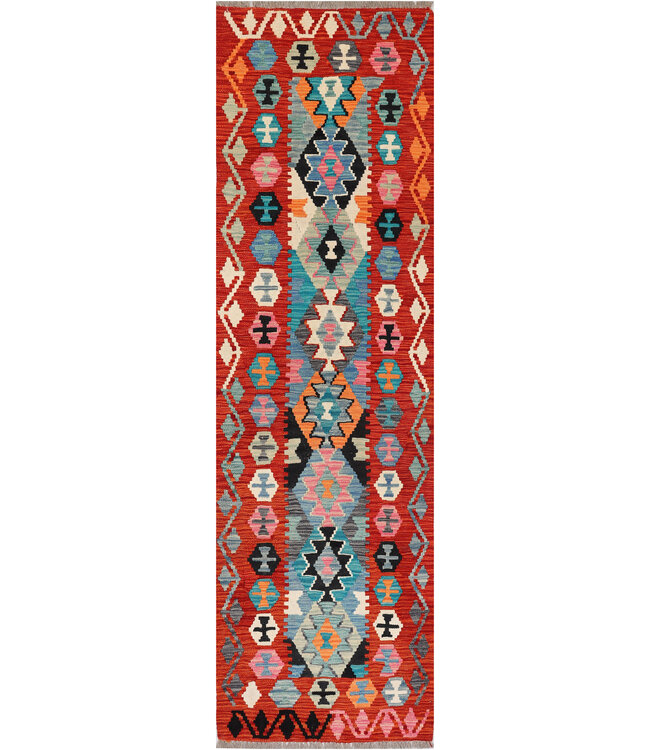 Kilim-Läufer – Handgewebt aus Wolle – Rot & Buntes Muster – 247x72 cm