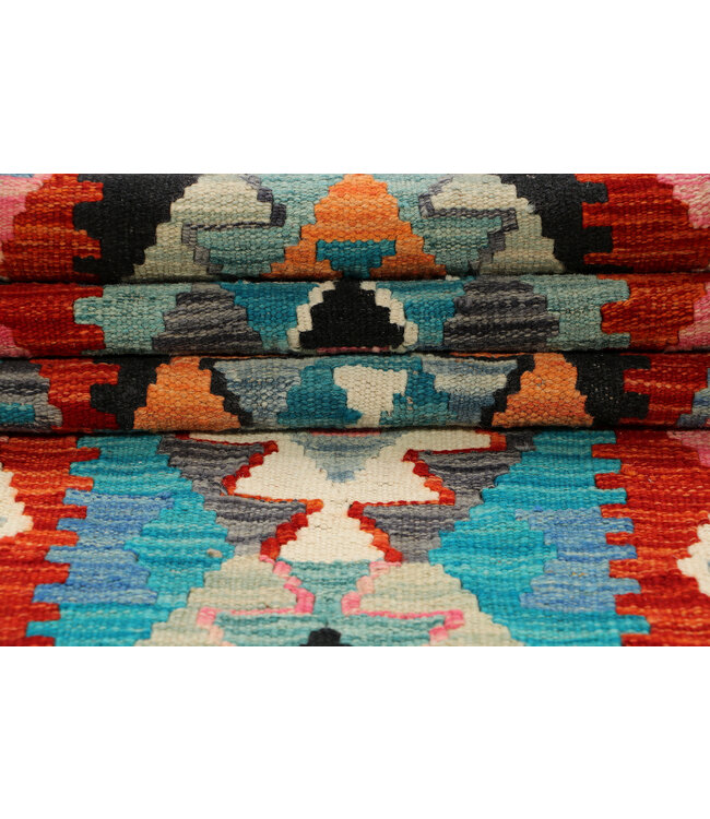 Kilim Loper – Handgeweven Wol – Rood & Multicolor Geometrisch – 247x72 cm