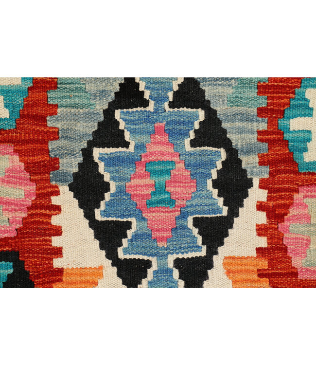 Kilim Loper – Handgeweven Wol – Rood & Multicolor Geometrisch – 247x72 cm