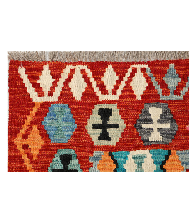 Kilim-Läufer – Handgewebt aus Wolle – Rot & Buntes Muster – 247x72 cm