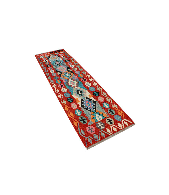 Kilim Loper – Handgeweven Wol – Rood & Multicolor Geometrisch – 247x72 cm