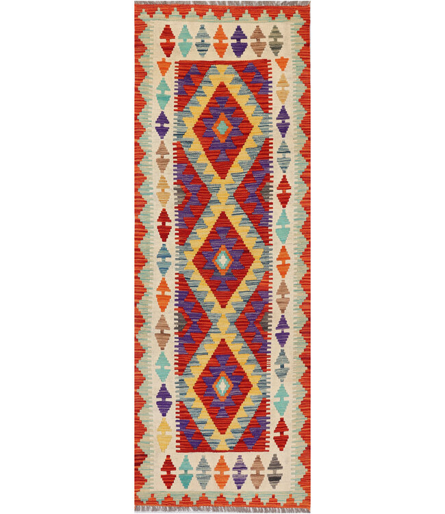 Bold Geometric Kilim Runner – Handwoven Wool – 244x83 cm