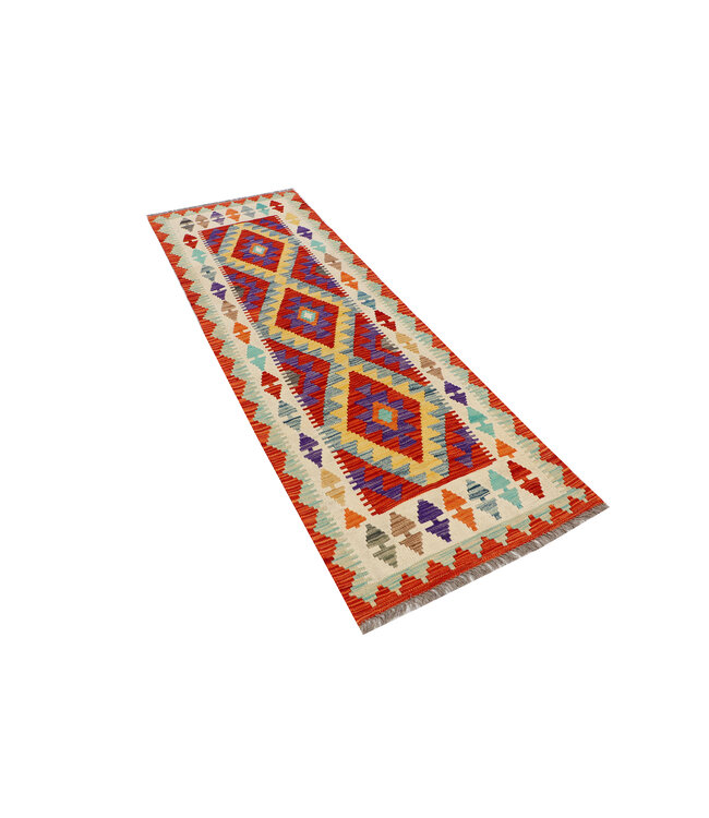 Gedurfde Geometrische Kilim Loper – Handgeweven Wol – 244x83 cm